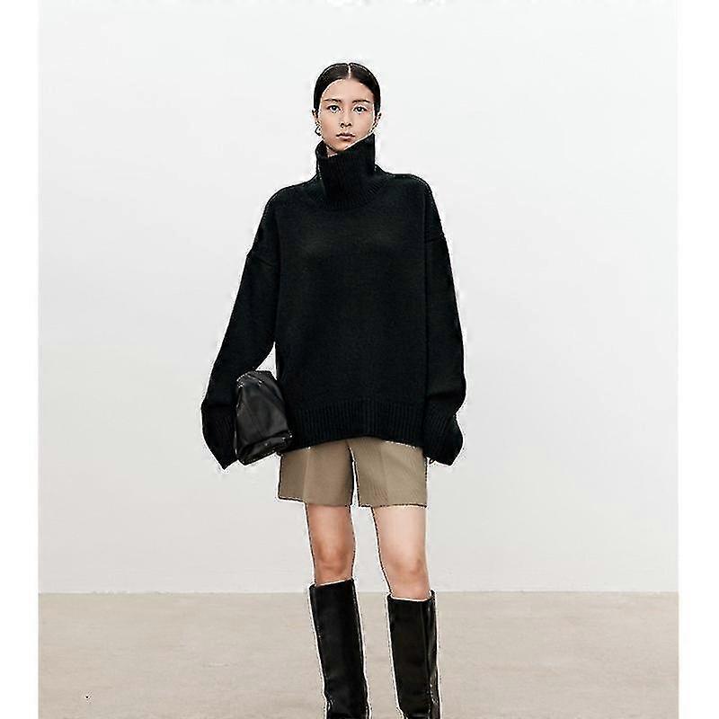 Turtleneck Saf Kaşmir Kazak Kadın Gevşek Ve Kalın Durgun Tembel Rüzgar Kazak Kazak Örgü Taban Yün Kazak