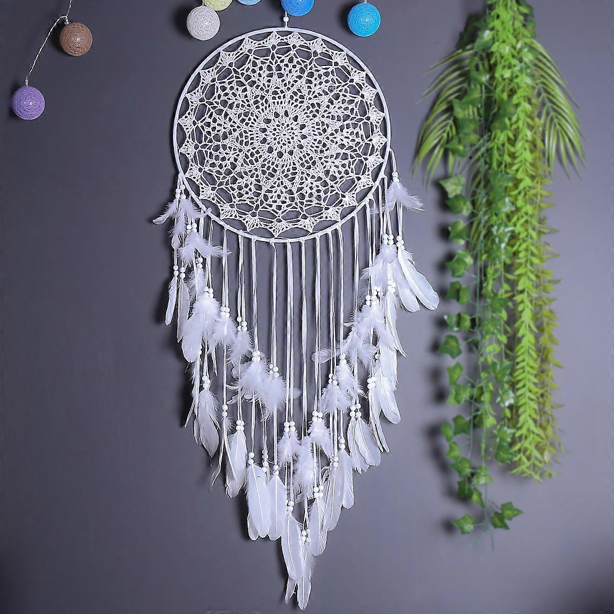 1*Large Boho Dreamcatcher White Feather and Beads Wall Hanging Vintage Wedding Home Decorations 40cm Circle 110cm Long