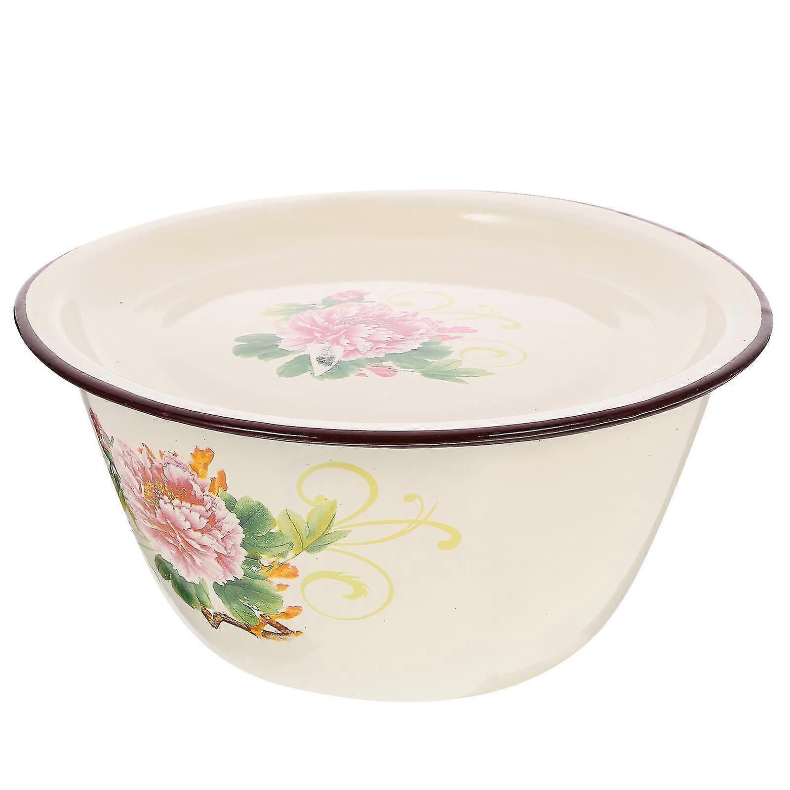 1 Set of Vintage Enamel Basin with Lid Enamel Mixing Bowl Kitchen Serving Bowl Lard Oil Basin Z