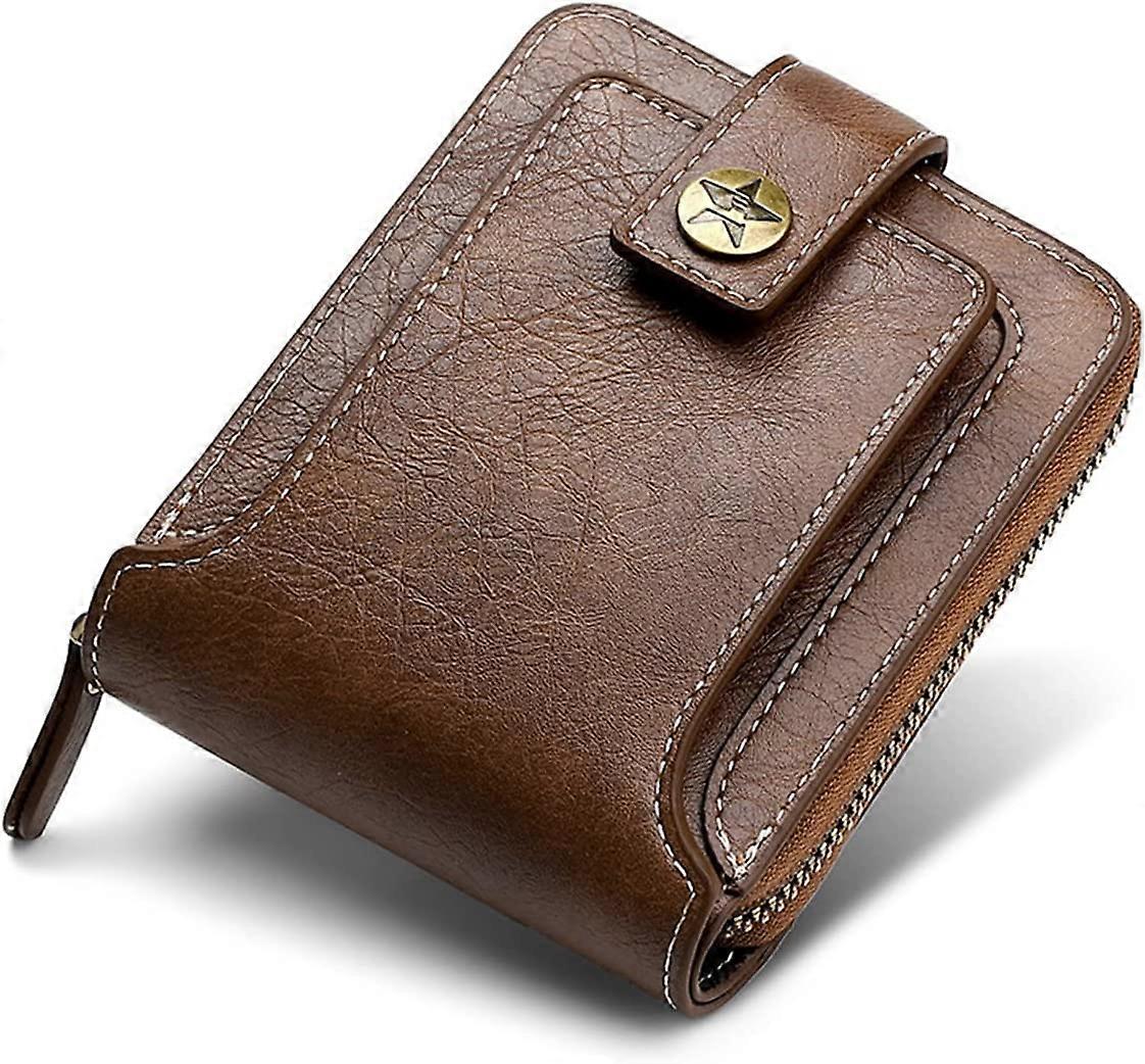 Slim Wallets Läder Dragkedja Framficka Liten Plånbok för Män 10 Korthållare (Brun)