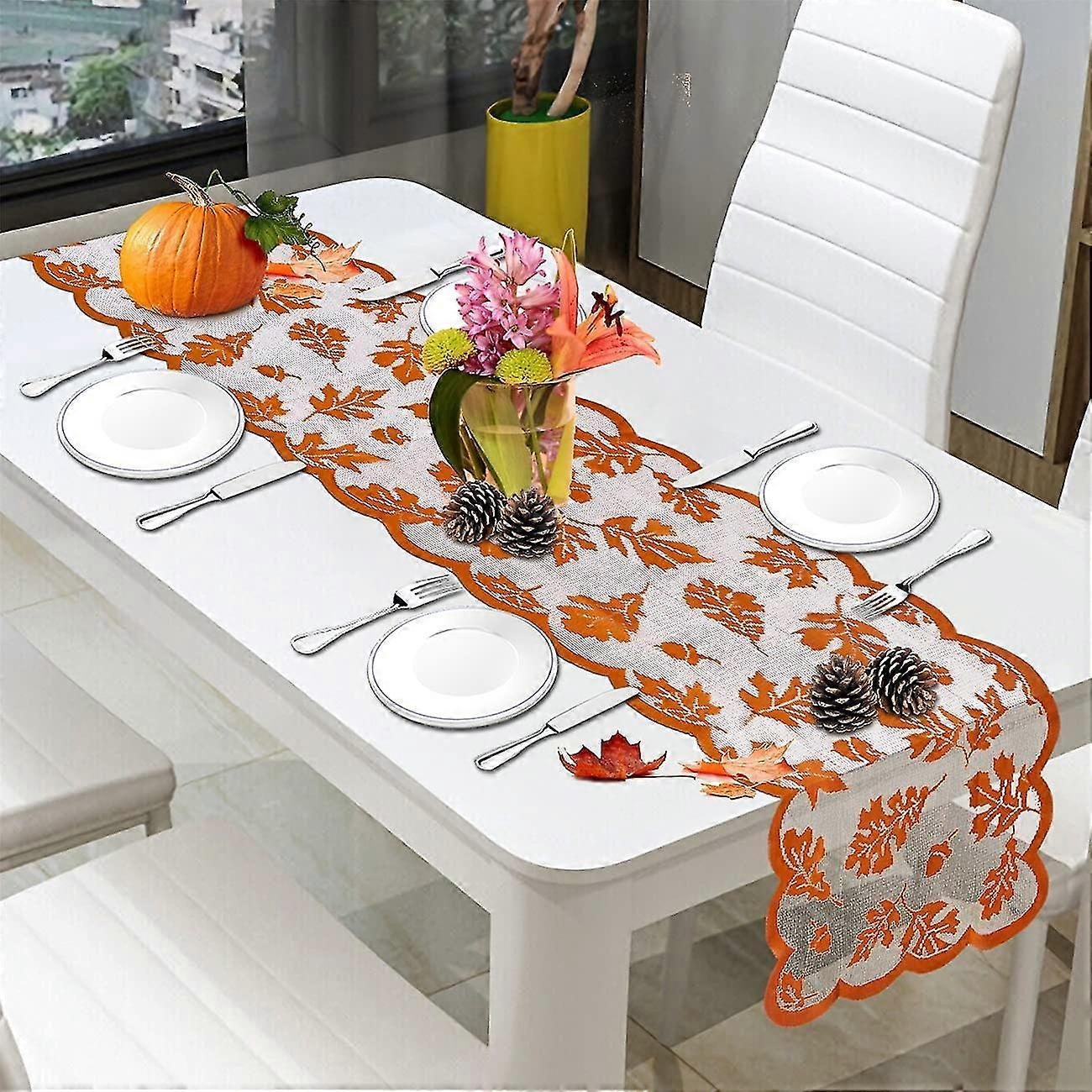 Autumn Lace Harvest Table Runner, Fall Pumpkin Maple Leaf Tablecloth