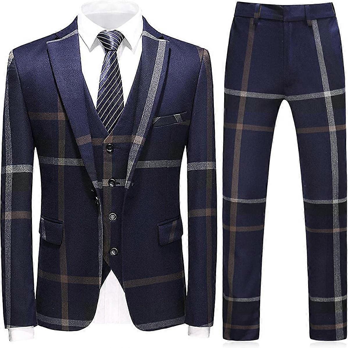 Men's 3 Piece Slim Fit Check Plaid Suit Set, One Button Solid Jacket Vest Pants Tuxedo