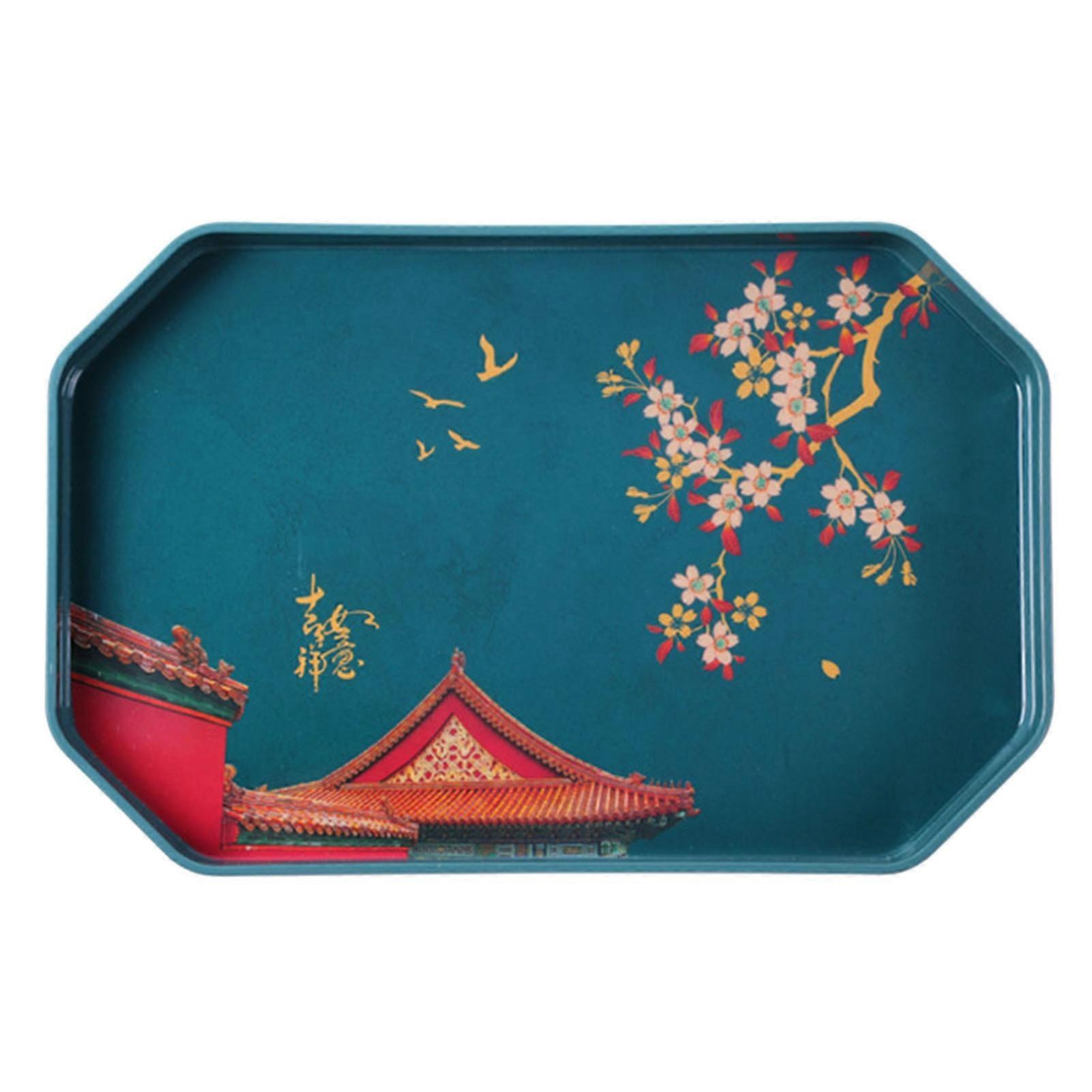 Tea Tray Chinese Style Washable Melamine Flower Pattern Table Serving Tray for Kitchen