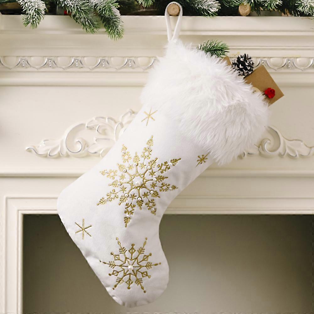 Festive Plush Christmas Stocking With Pearl Snowflake Design For Holiday Decor