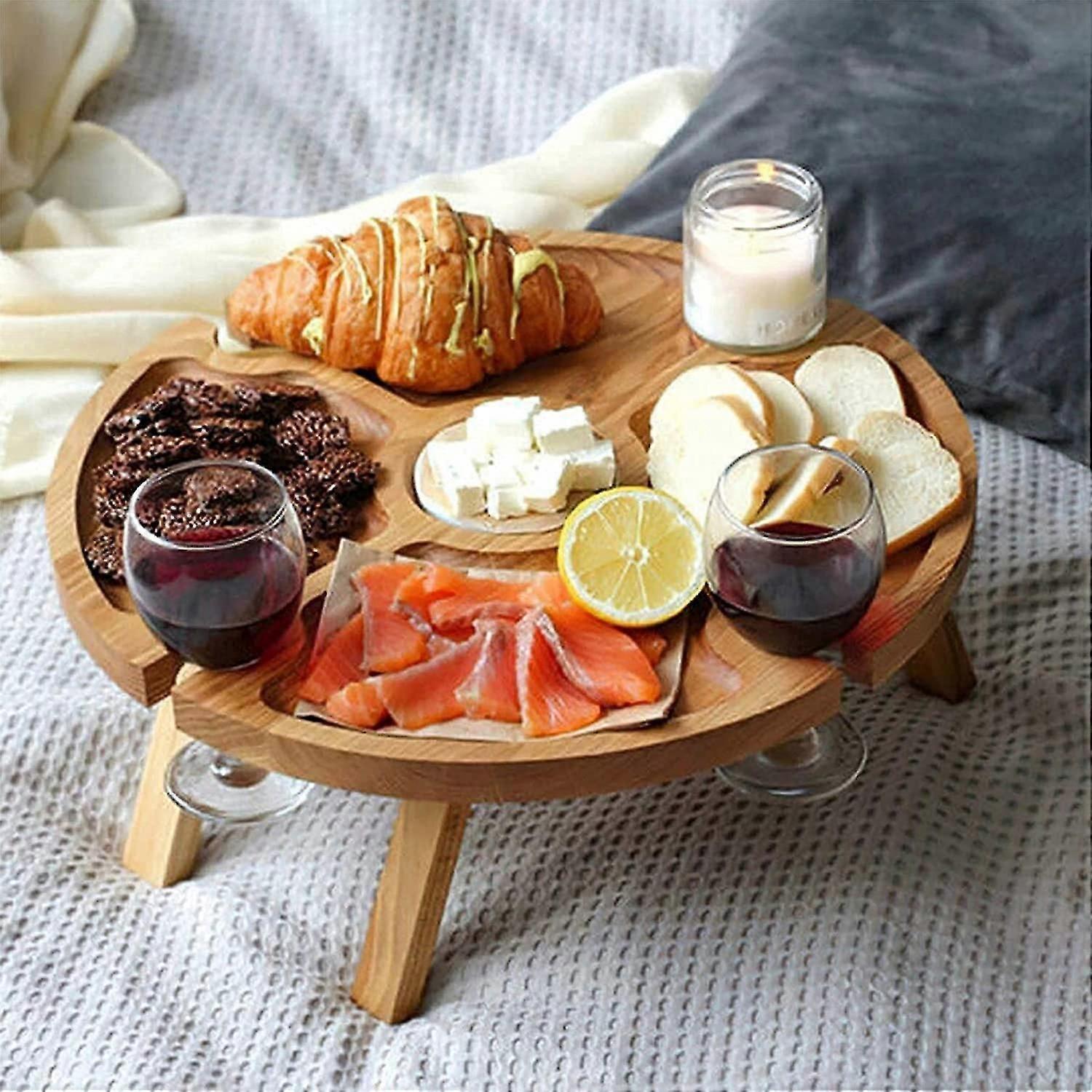 Wooden Folding Picnic Table With Wine Glass Holder - Portable Creative 2 In 1 Wine Glass Ra Compartmental Dish For Cheese And Fruit For Outdoor,5357