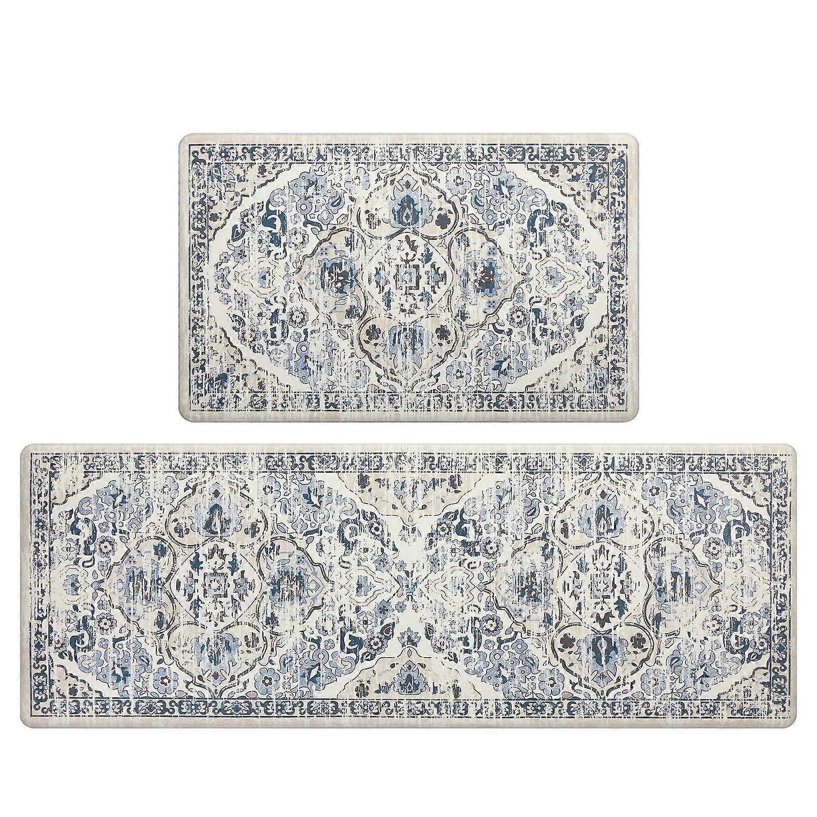 Boho Kitchen Anti-Fatigue Mat Set of 2 Non-Slip Cushioned Floor Rugs 17"x47" and 17"x28" for Comfort and Style
