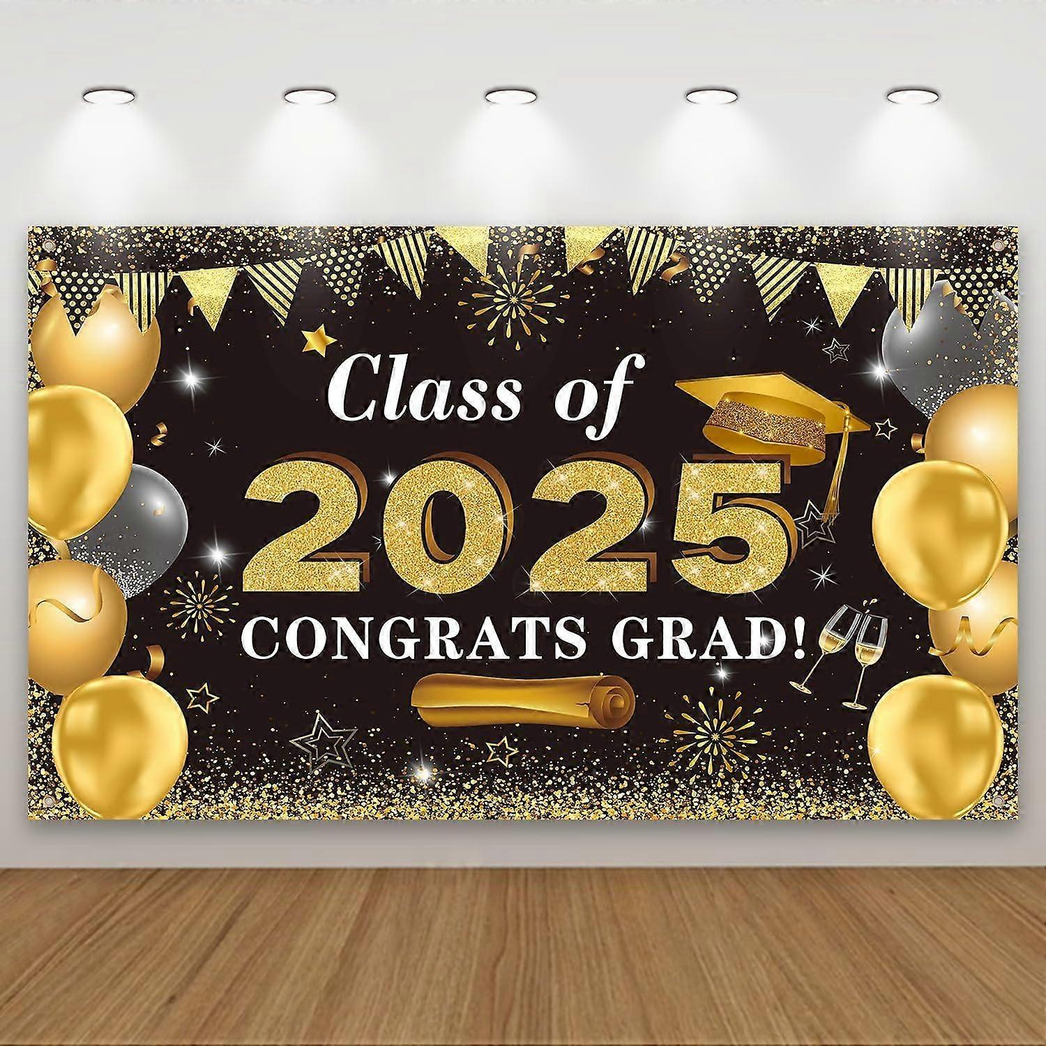 Valmistujaiskoristeet Onnittelut Grad Class of 2025 -tausta - musta ja kultainen Grad Banner Tausta