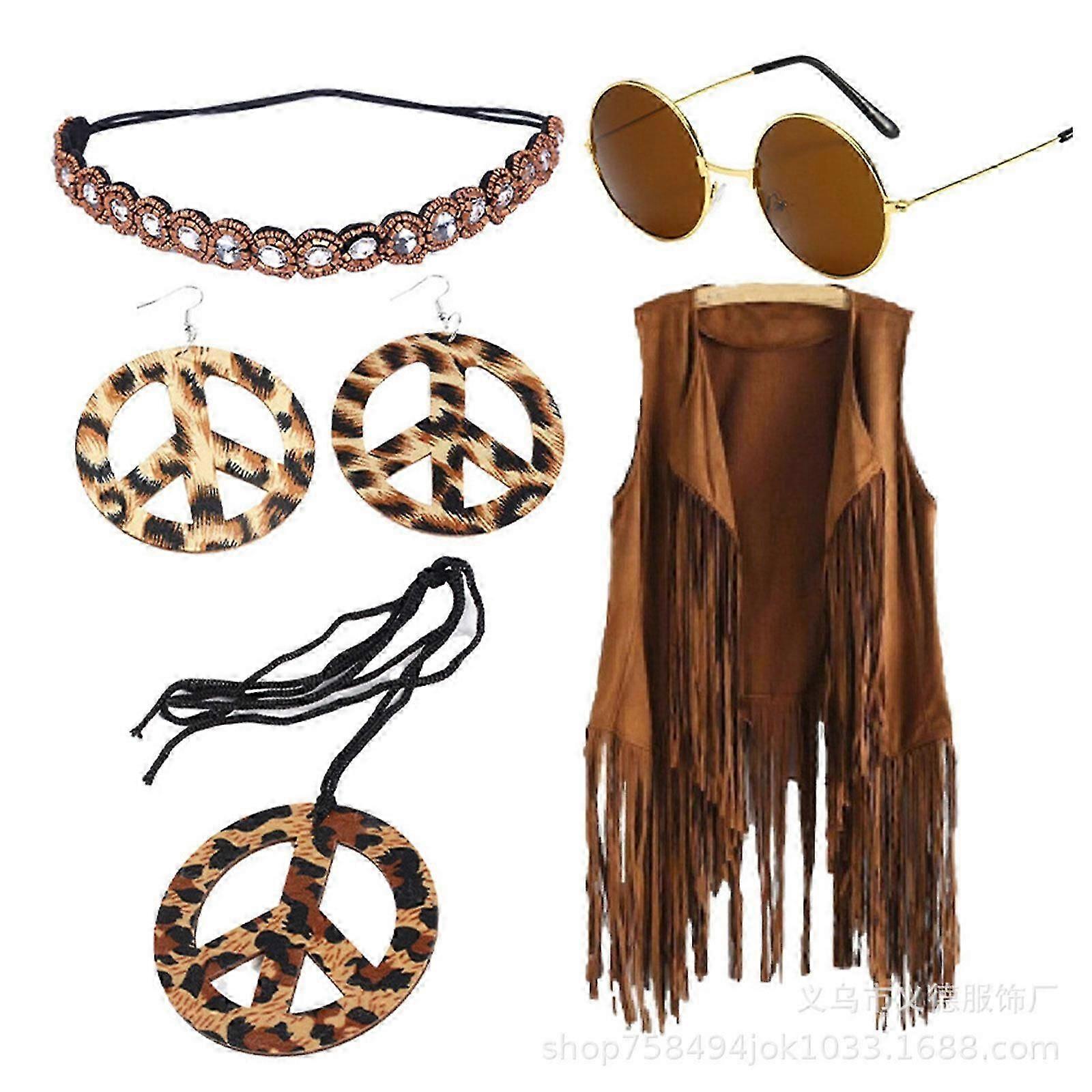 Νέα 5Pcs 70s Κοστούμι Γυναίκες Hippie Κοστούμι Σετ Fringe Γιλέκο Boho Σκουλαρίκια Headband