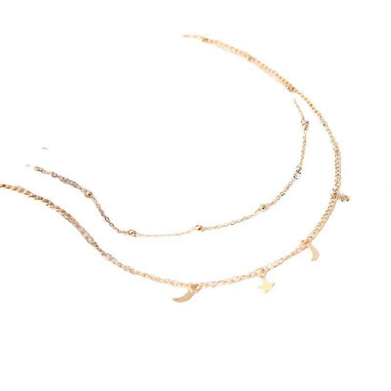 Classic Metal Bead Collarbone Chain Collar, Korean Simple Double-layer Moon and Star Necklace.