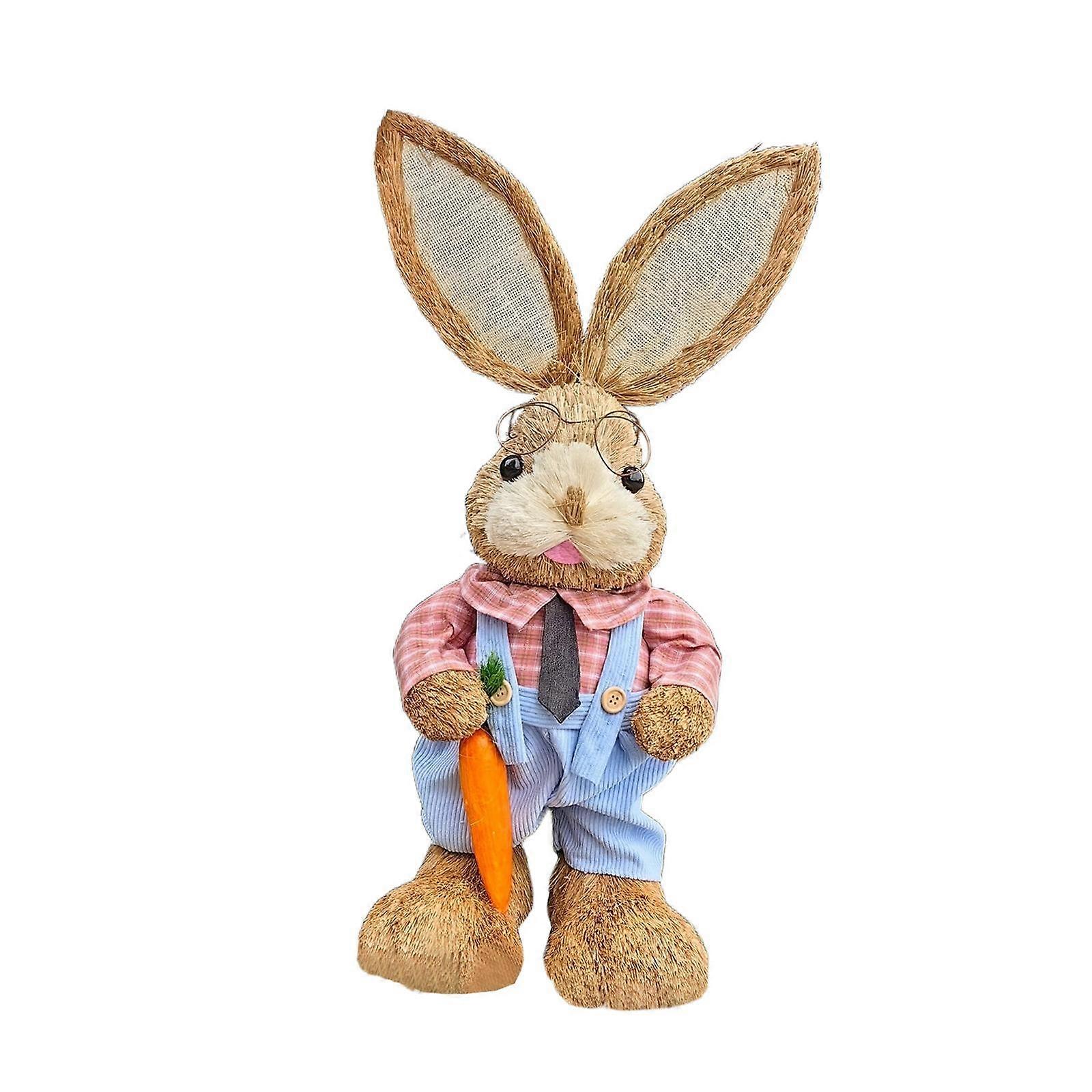 Straw Easter Bunny Figurine Desktop Ornament Easter Decor Standing Rabbit Statue