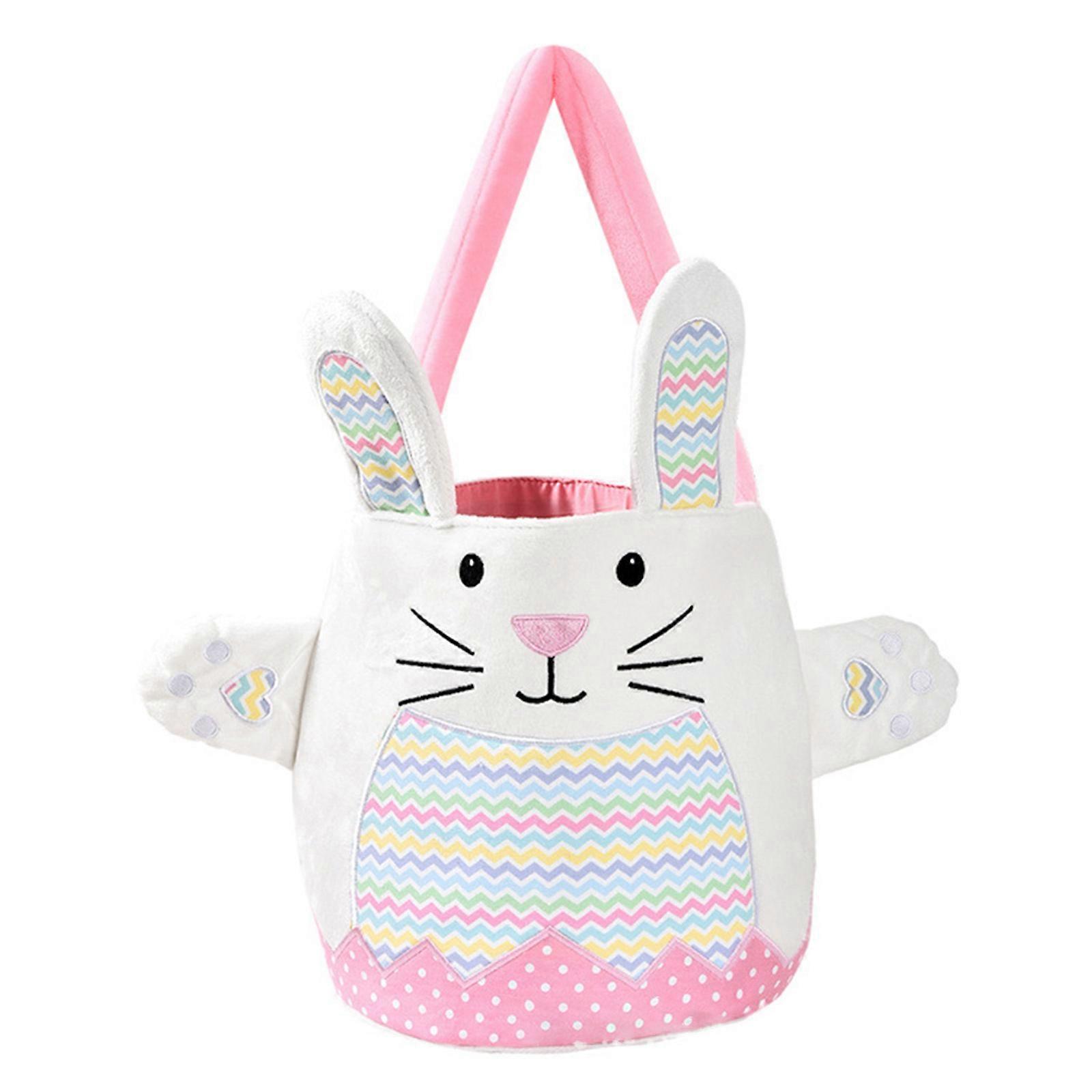 Rabbit Fabric Basket Foldable Plush Fabric Easters Eggs Collection Bucket with Decorative Beadwork and Double Tone Option Pink