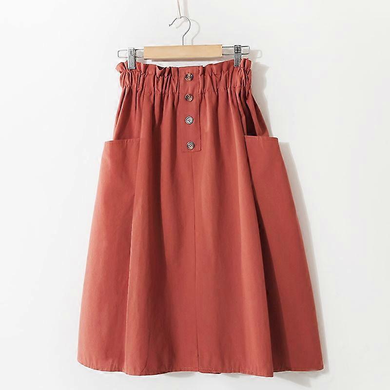 Summer Women's Vintage High Waist Solid A-Line Pockets Midi Skirt