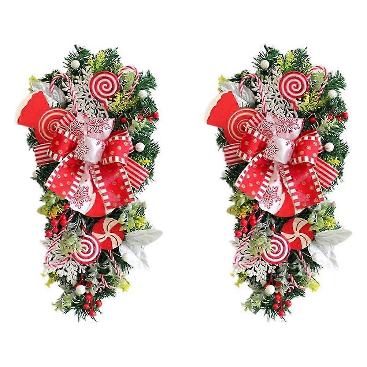 2Pcs Christmas Candy Cane Wreath for Front Door Christmas Stairway Decorations Christmas Wreath for