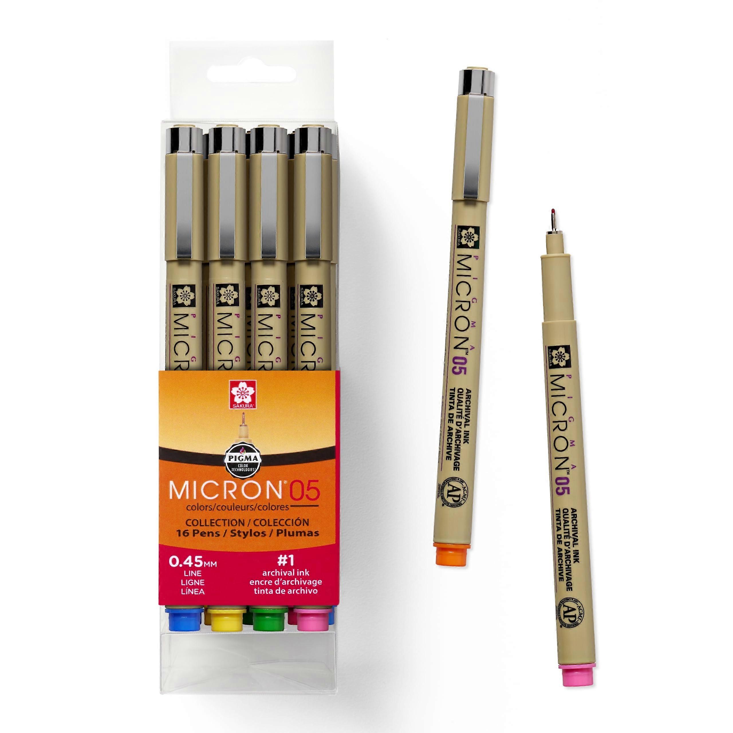 Pigma Micron Fineliner Pens Archival Black and Colored Ink 05 Point 16 Pack