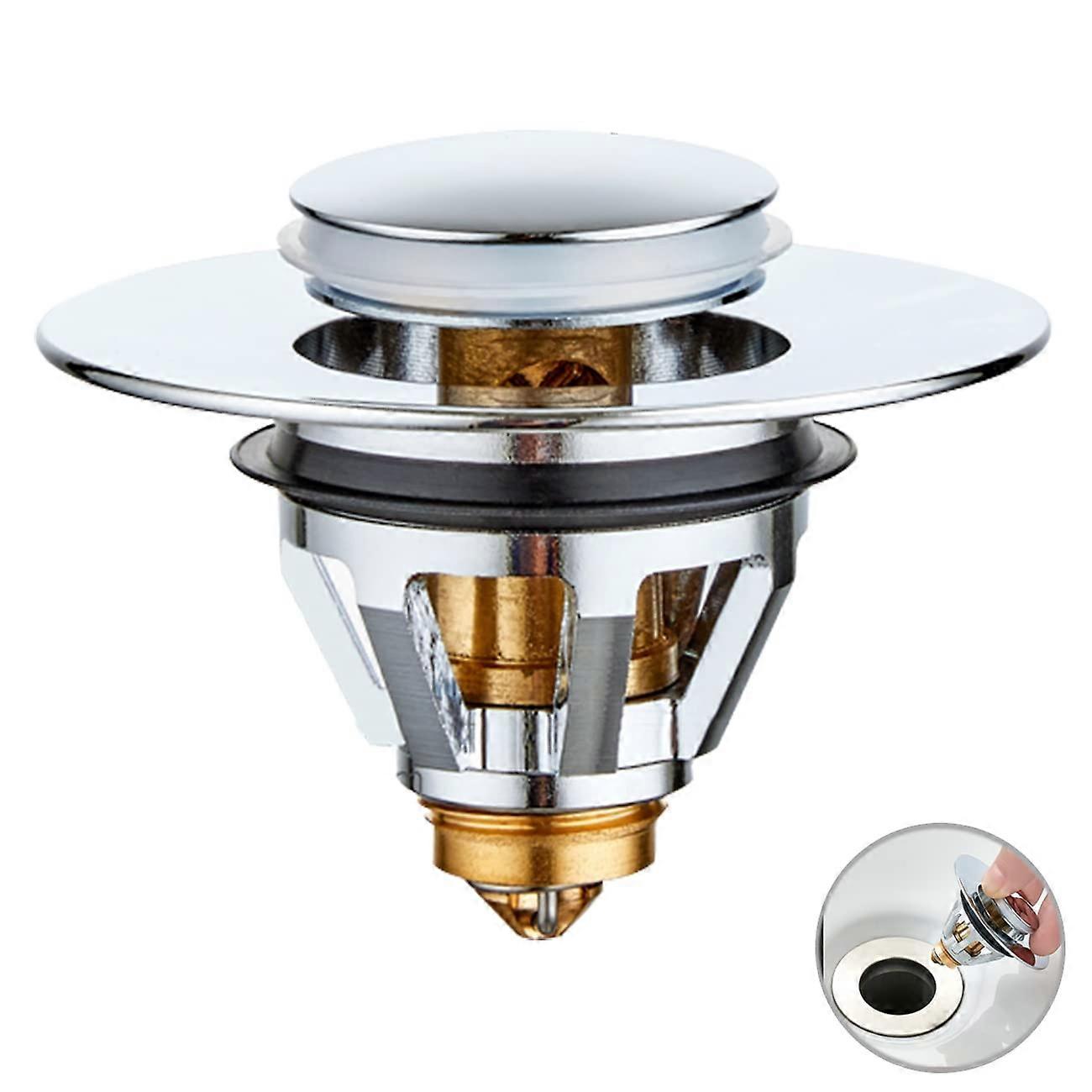 Sink Drain Fitting, Stainless Steel Rebound Core Push Type, Universal Pop Up Plug Sink for Kitchen and Bathroom, Drain Plug for Sink with 2 Seals