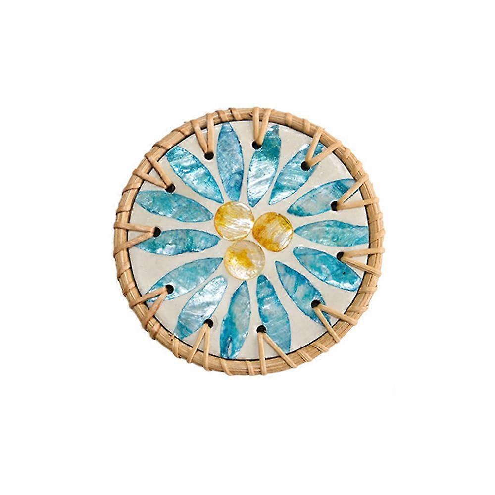 Rattan Coaster Set of 6, Handmade Colorful Shell Design, Insulated Ceramic Drink Coasters for Coffee Table