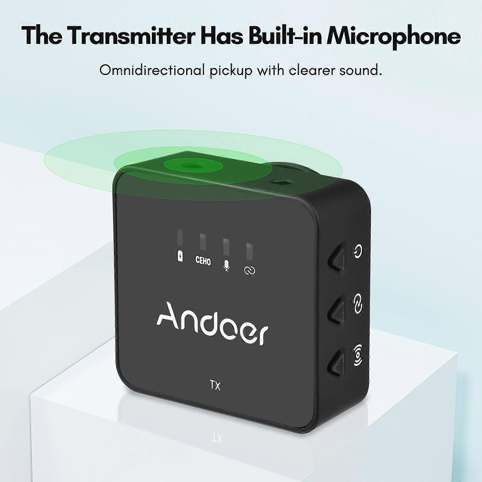Andoer 2.4G Wireless Microphone System - 30M Range, Clip-On, for Vlog & Live Streaming