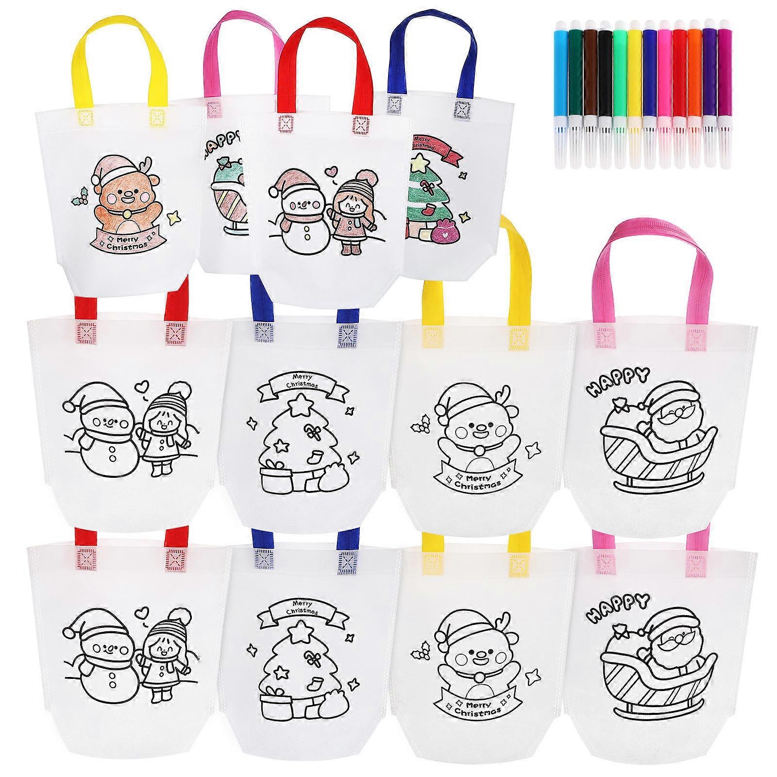 Kids Goodie Bags Color Your Own Tote Bag Reusable Party Favor For Family Activities Rectangular Non Woven Fabric 32Pcs