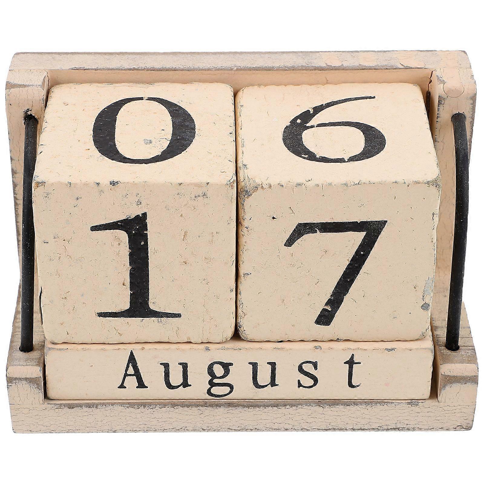 Wooden Calendar Reusable Desktop Calendar Burned Effect Calendar Block for Office Home Beige