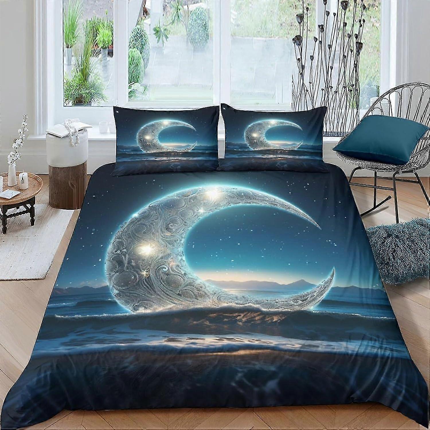 Ocean Moon Conjunto de capa de edredom de cama Capa de edredom de microfibra Capa de edredom de impressão 3D com fronhas de 3 peças para crianças e adultos