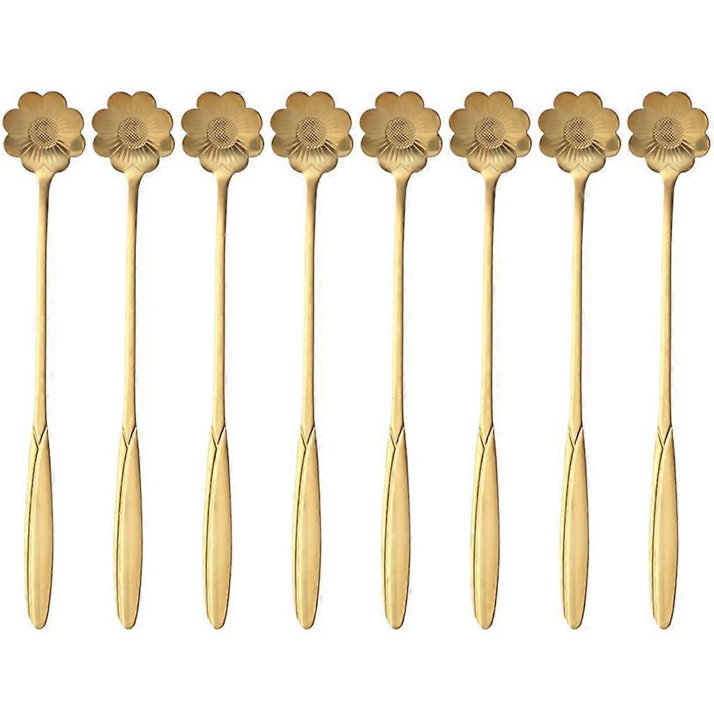 8-Piece Gold Stainless Steel Flower Spoon Set, Κουταλάκια Καφέ/Τσαγιού με 8 Σχέδια, Creative Sugar/Stirring Spoons (Qiuying)