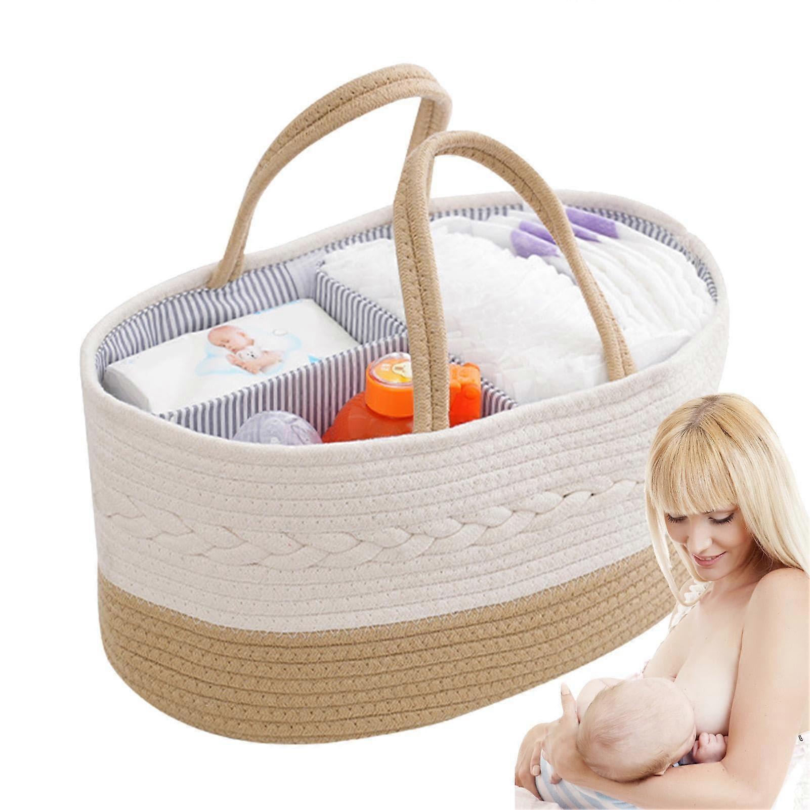 Storage for diapers, divided container for wet wipes, organization of the changing table, portable diaper caddy for home, car travel in brown