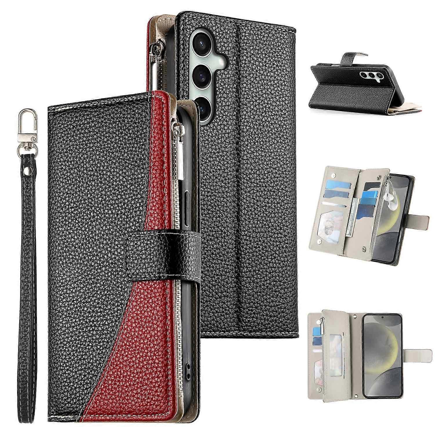 For Samsung Galaxy S25 FE Case Zipper Wallet Color Splicing Leather Flip Phone Cover with Straps