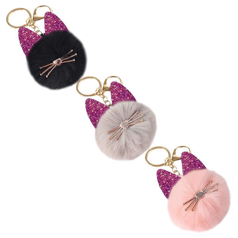 3pcs Kitten Shape Key Chain Pendant Cute Cartoon Key Ring with Fluffy Pompom Lovely Bag Decor for Adults