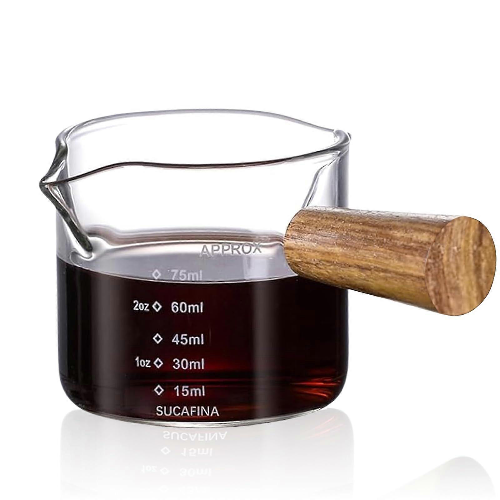 Espresso Cups with Wooden Handle 75 ml Glass Measuring Cup Double Scale V-Shaped Spout for Coffee Milk Juice Liquid