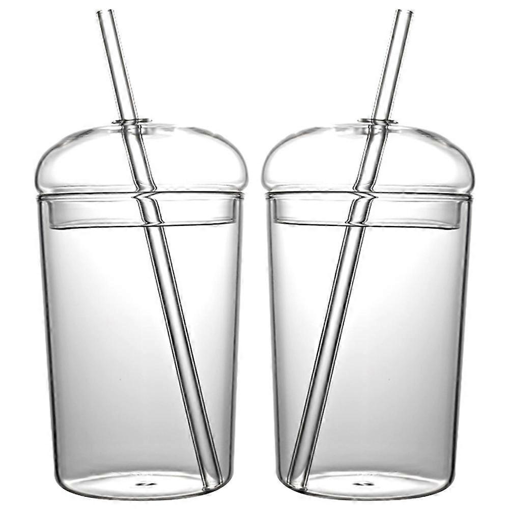 2 Set Cup with Glass Straw Large Capacity Household Beverage Drinking Glass Cup