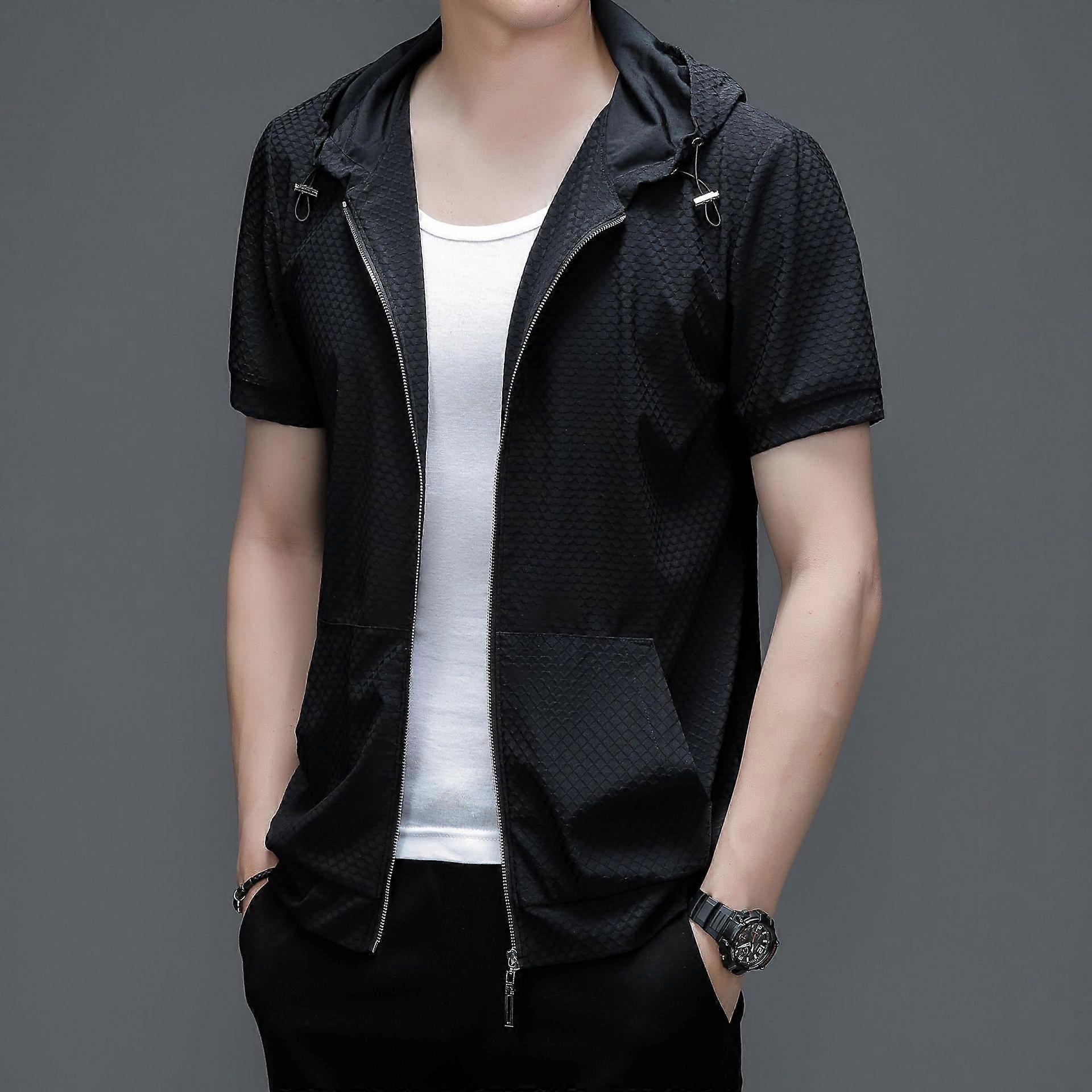 Spring Men's Mid-Green Hooded Short-Sleeved Casual Simple And Soft Comfortable Sweater