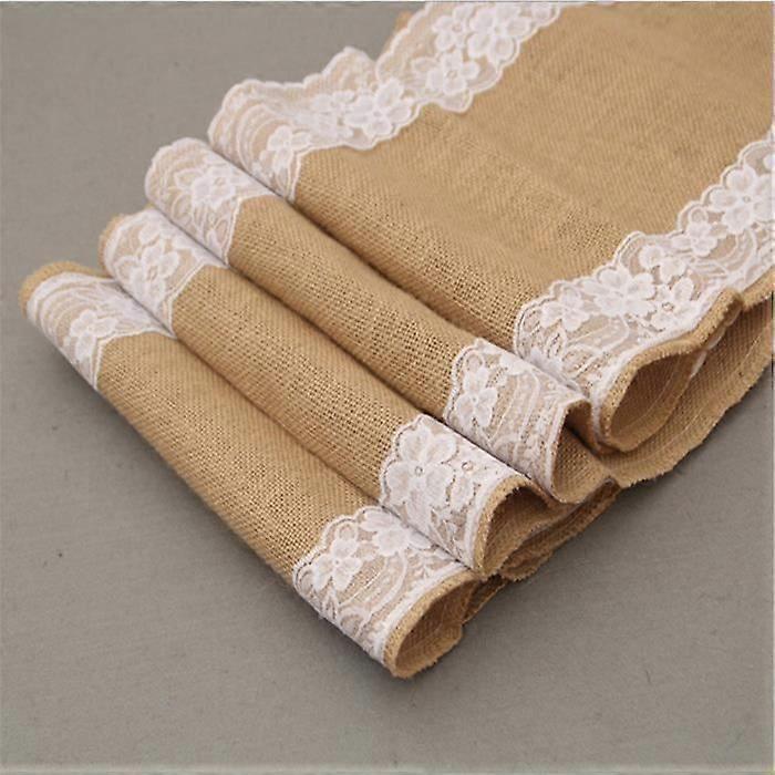 Table runner - Set of 3 - Burlap and lace - 30 x 275 cm - Brown and pink - Country style