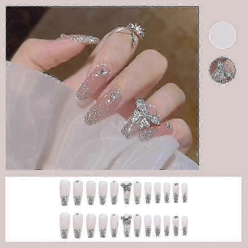 24pcs Shiny Butterfly Fake Nails, Midi Pointed Sweet Style, Time-Saving