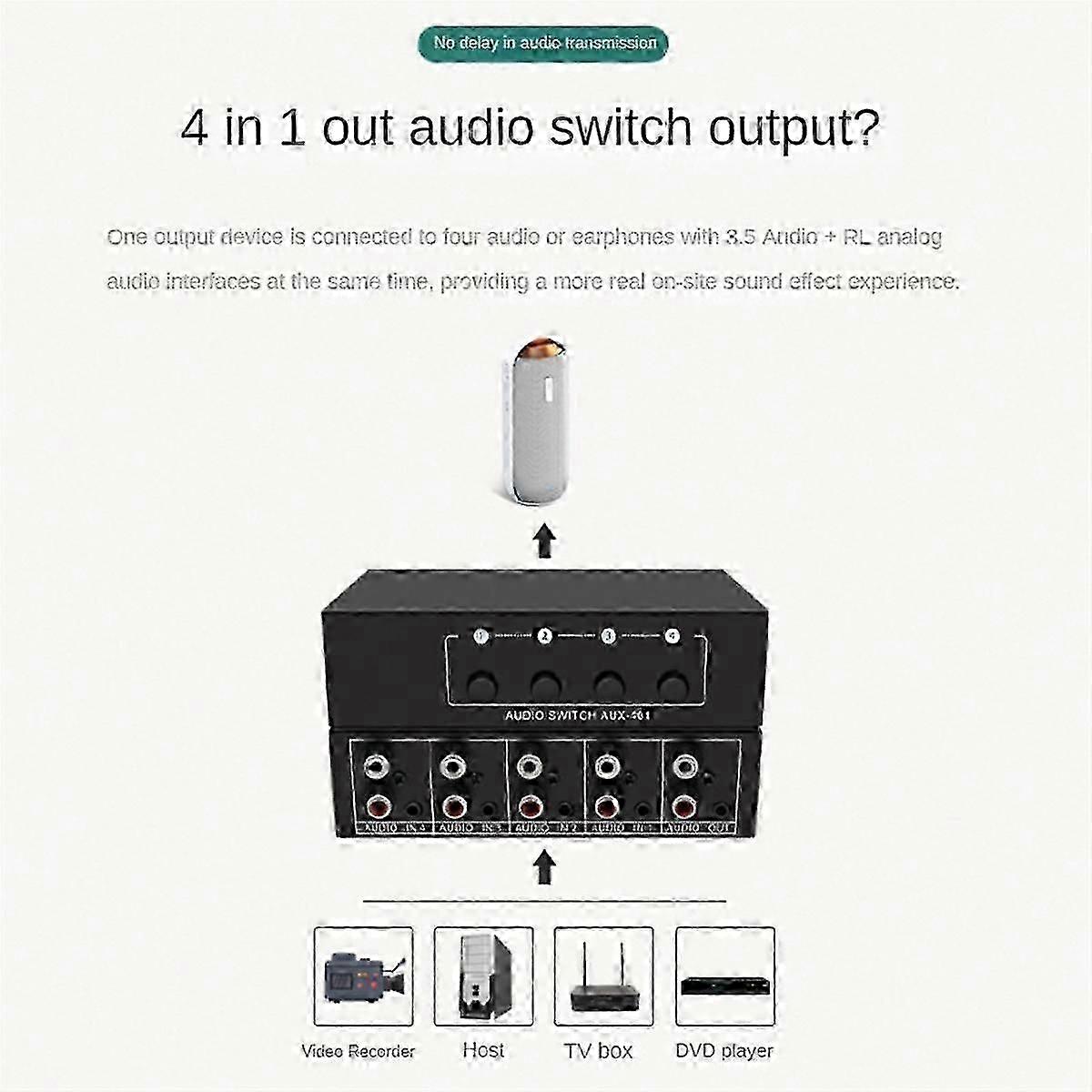 AUX Audio Switcher 4 in 1 Out Stereo Audio Selector 4X1 3.5mm Aux L/R Audio Switch Box Analog Audio Selector, A
