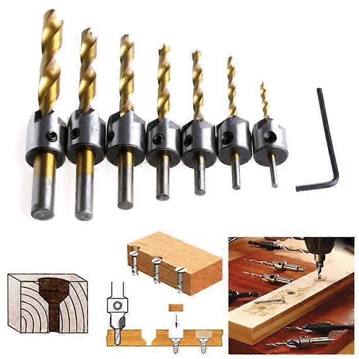 Wood Countersink Drill Bit HSS High Speed Steel Woodworking Countersink Reamer Chamfering (7pcs, 3-10mm) with Hex Key