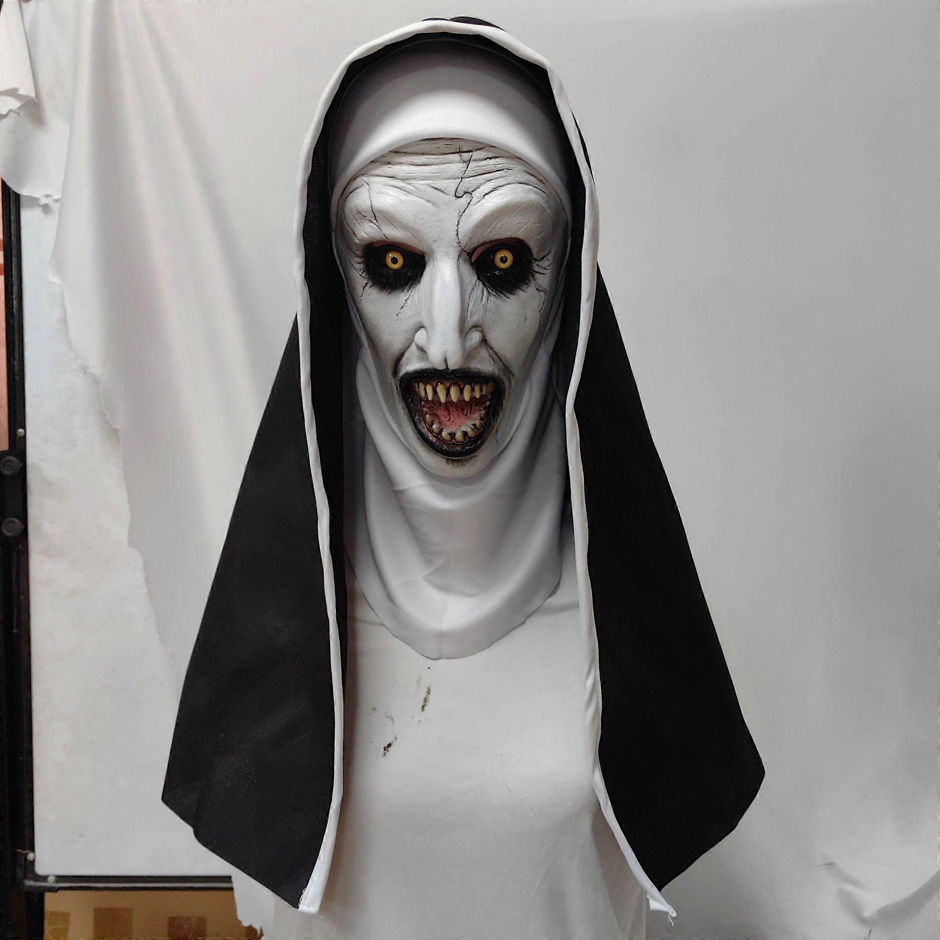 Glow in The Dark Nun Mask Halloween Scary Costume Party Latex Open Mouth Nun Headpiece