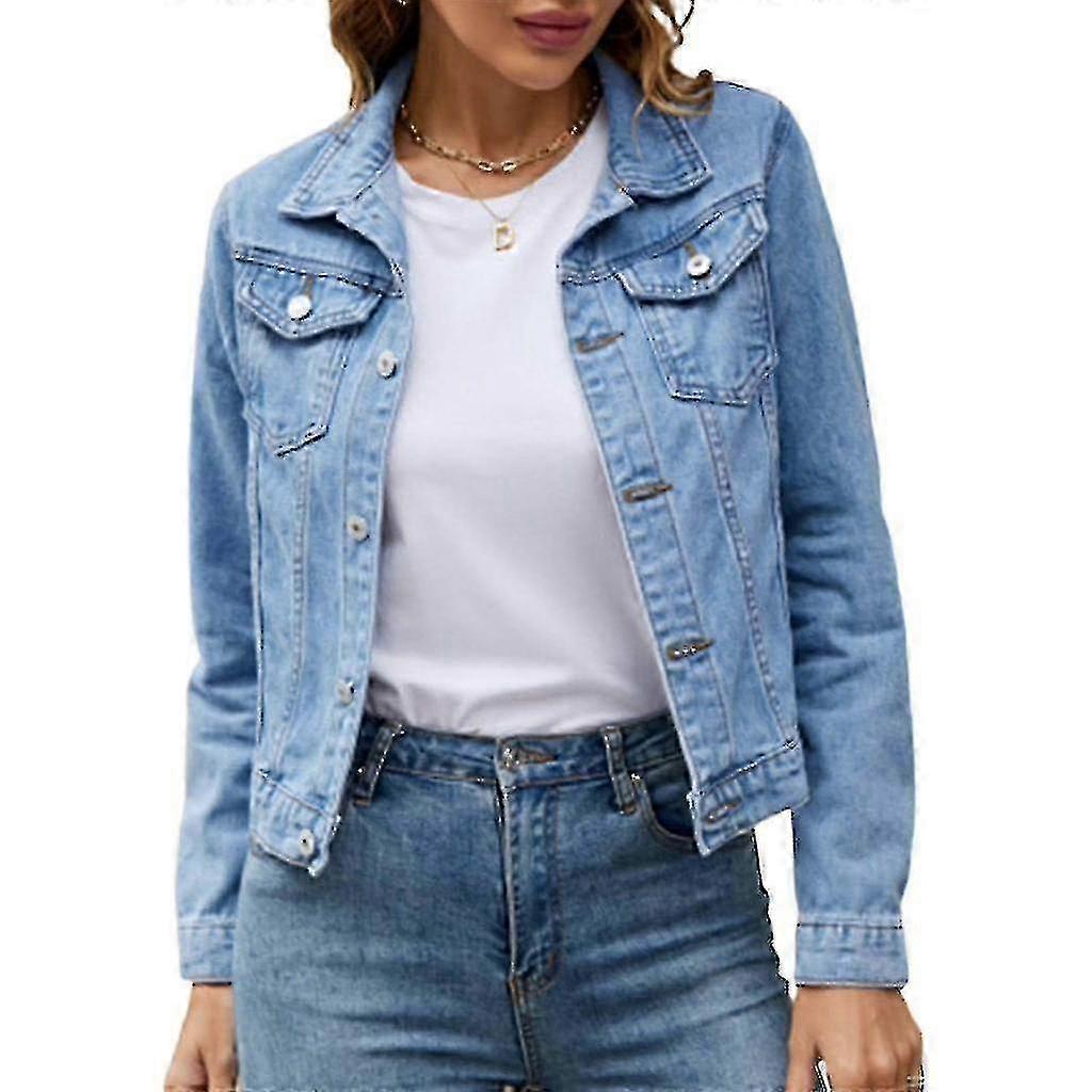 Women's Button Down Long Sleeve Cropped Denims Jean Jacket With Pockets