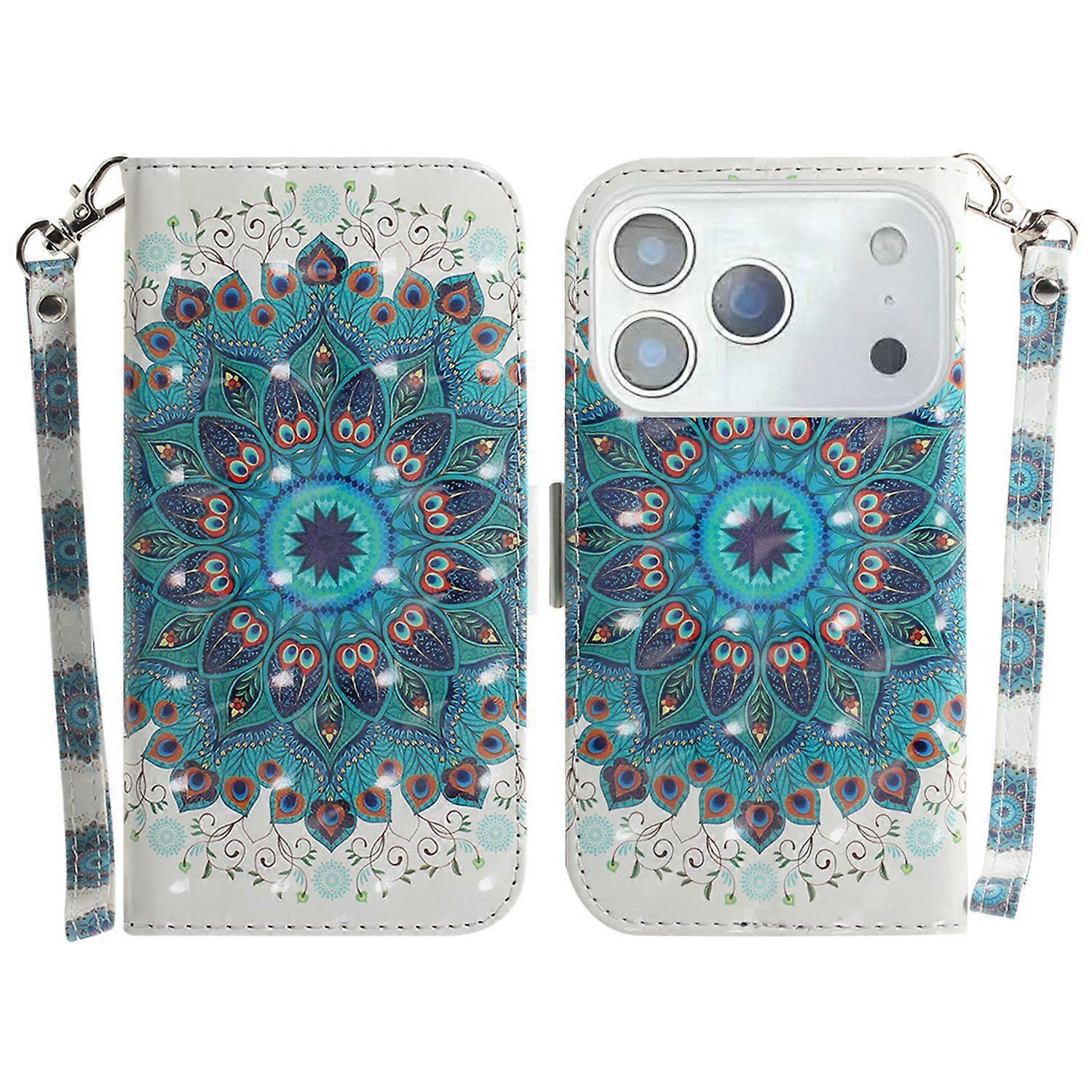 For iPhone 17 Pro Case Pattern Printing Leather Wallet Phone Cover with Wrist Strap