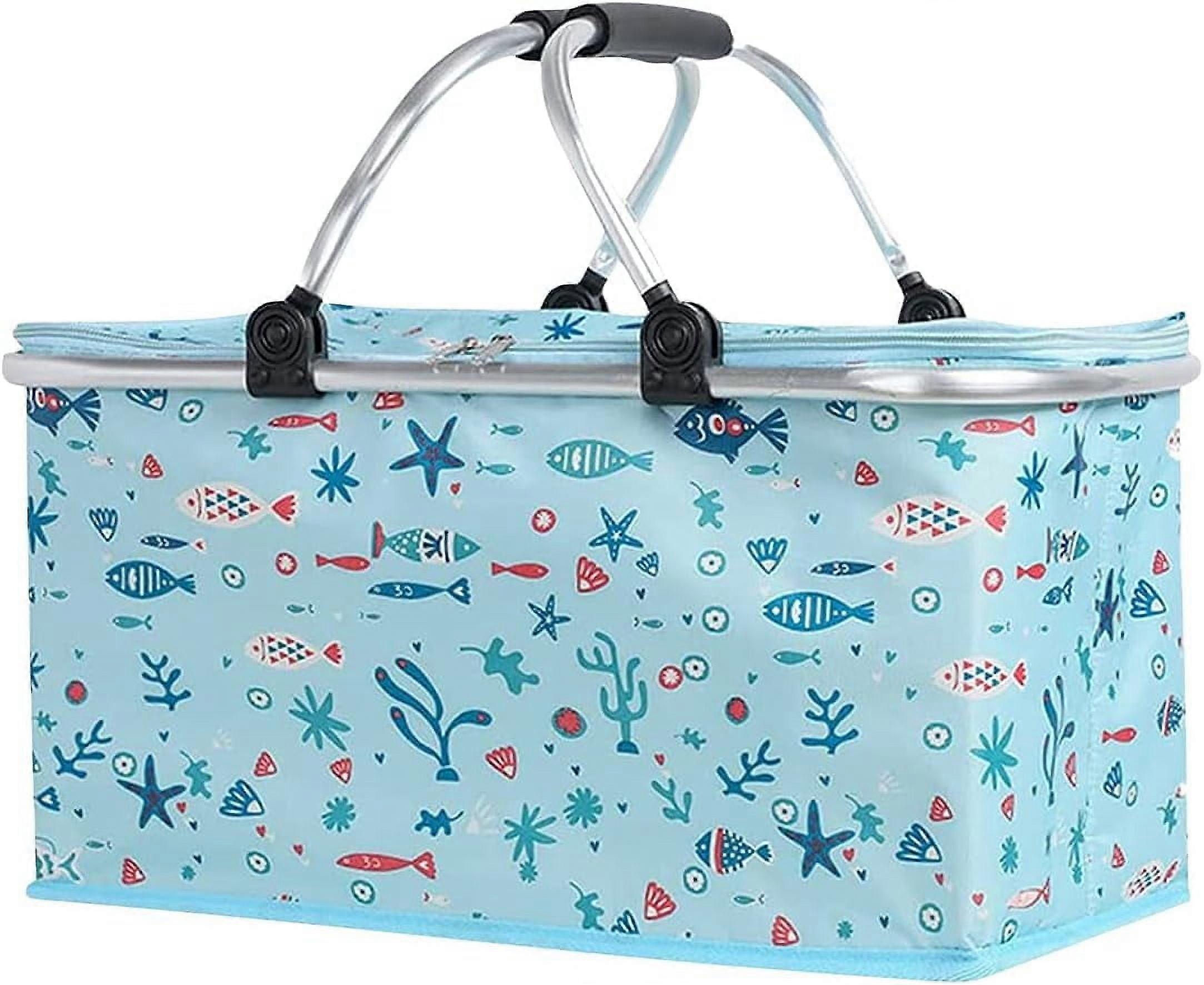 Foldable Insulated Picnic Basket Collapsible Cooler Bag 22L Portable Camping Grocery Basket with Aluminium Handles (Light Blue)
