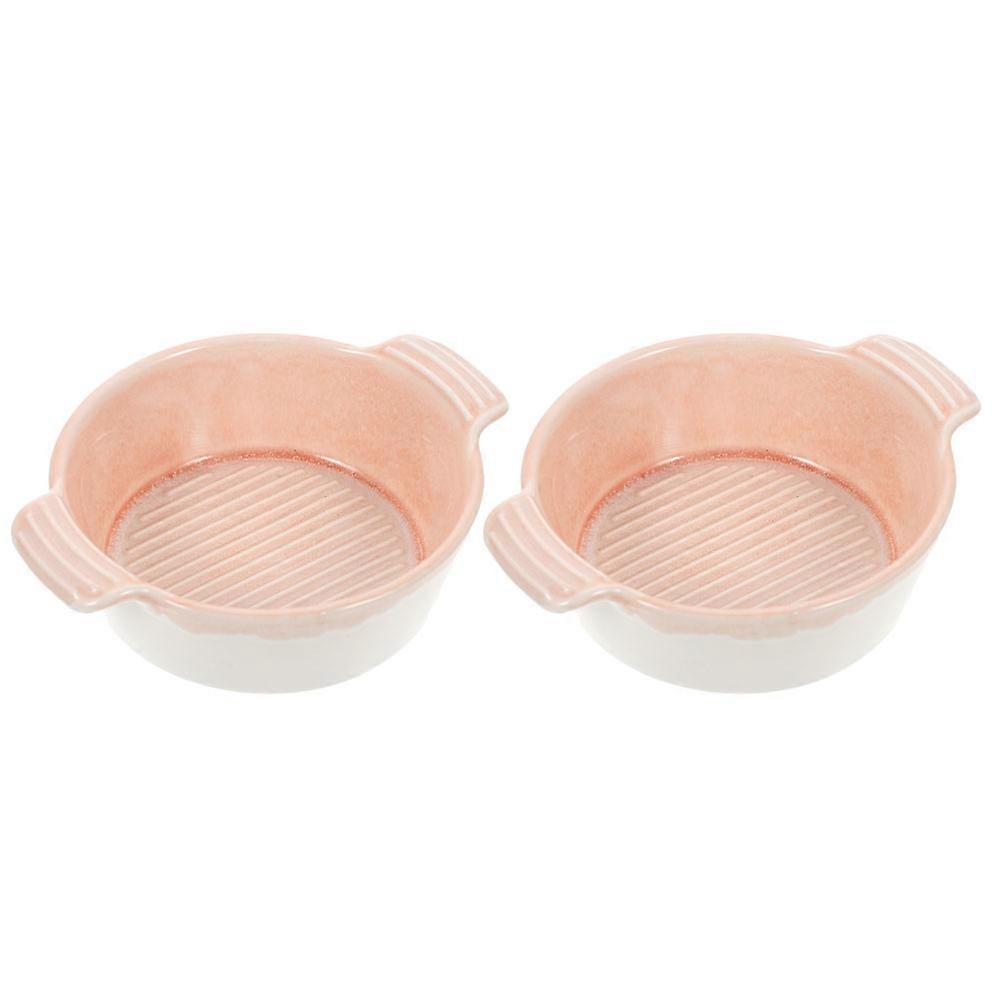 Round Ceramic Double Ear Bowl Set for Baking and Serving Food in Pink Color for Families and Friends