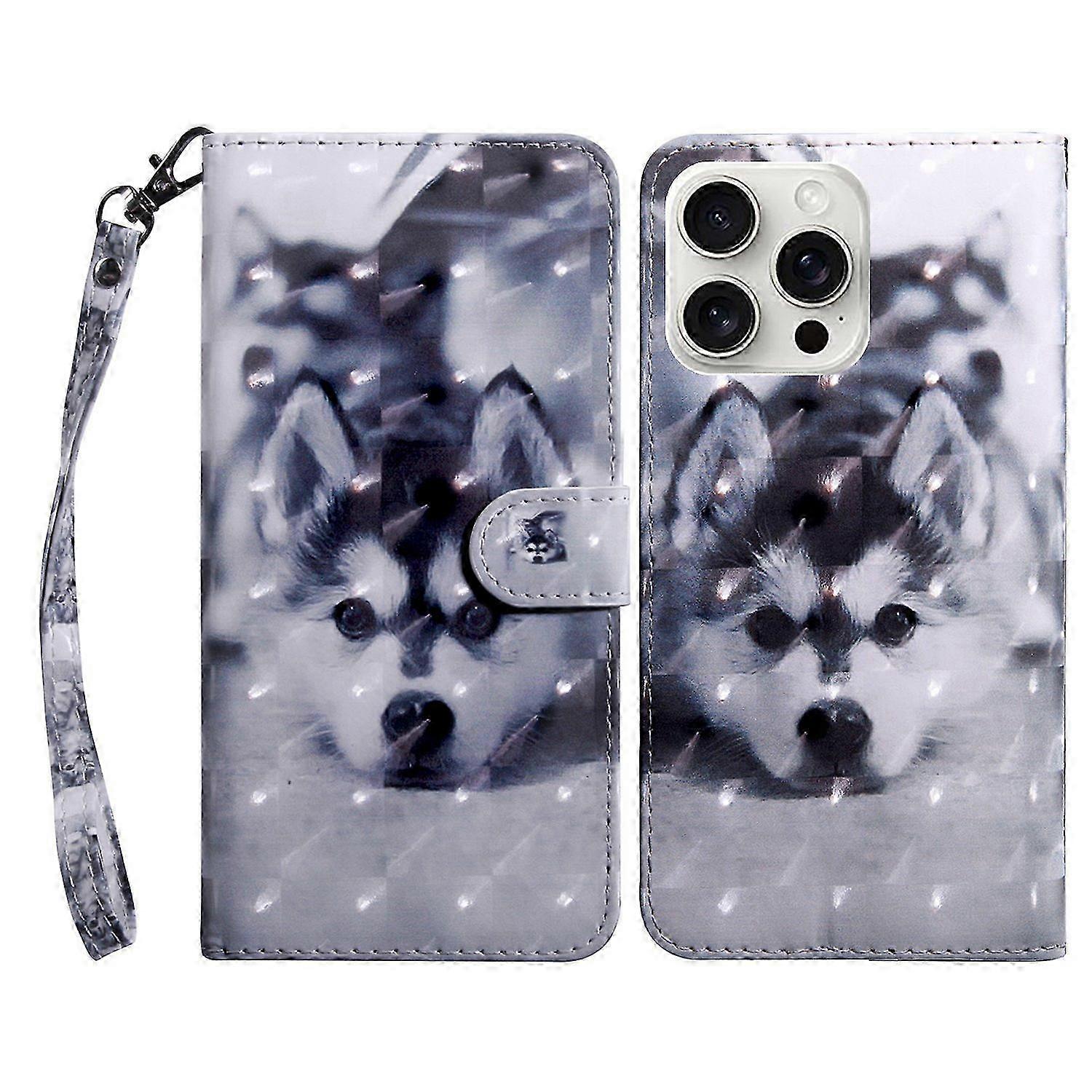 For iPhone 16 Pro Case Stand Pattern Printing Leather Phone Cover - Husky