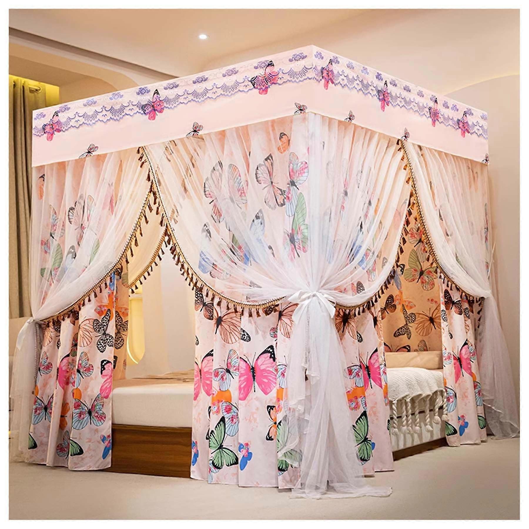 Canopy Curtain Bed Frame Stainless Steel, Full Size Bed Netting Canopy, Four Corner Posts Design, Bedroom Decoration