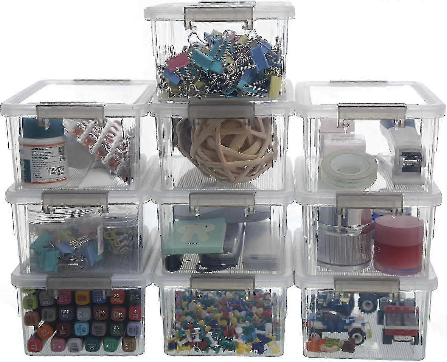 A set of 10 small storage boxes with covers, transparent stackable plastic mini storage boxes