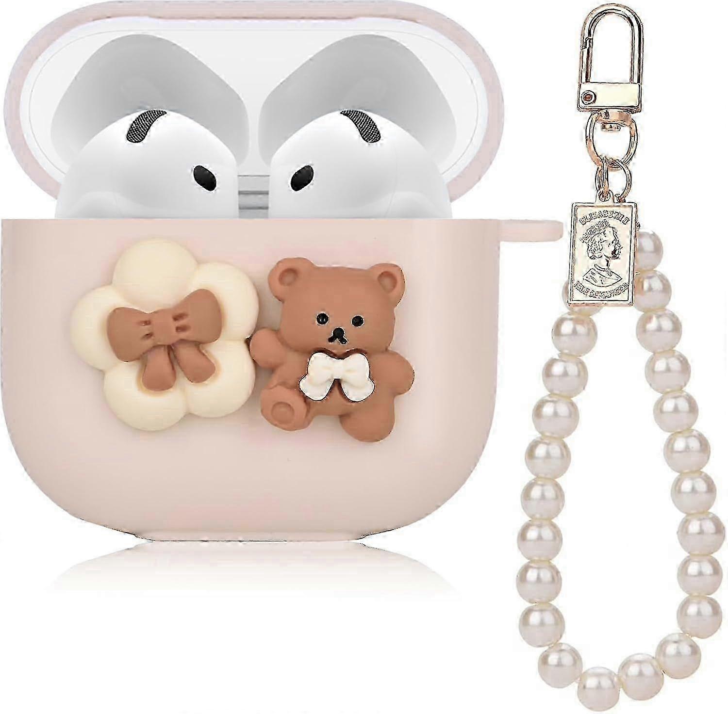 Cute Case for AirPod 4 Lovely Bow Flower Bear Design with Pearl Chain, Soft Protective Cover for AirPods 4th Generation 2024 Released