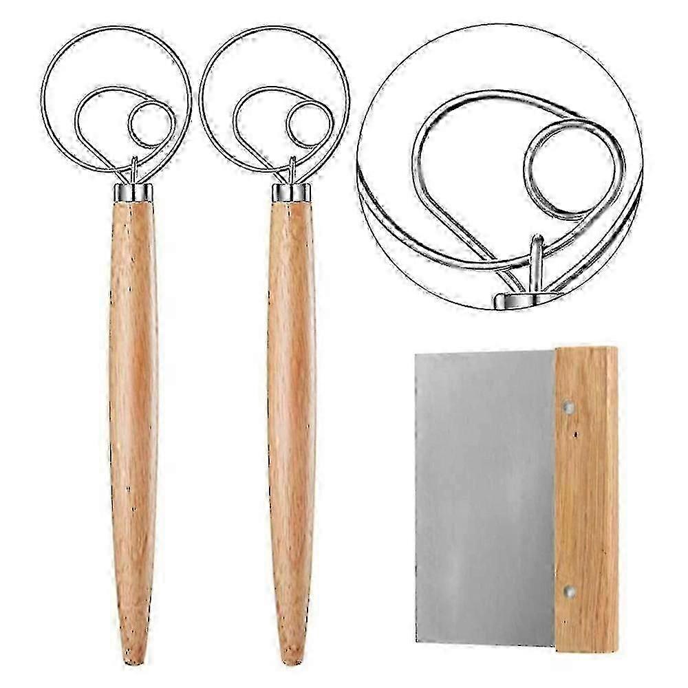 2Pcs Danish Dough Whisk with a , Bread Mixer , Wooden Handle Dough Whisk and Bread Cutting Edition 1128