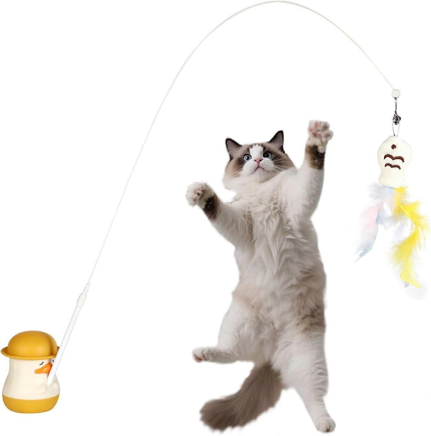 360 Rotatable Interactive Cat Toy, Automatic Cat Wand Toy with Peel-and-Stick Base, Moving Feather, Fish and Bell, with 3x Detachable Cat Teaser