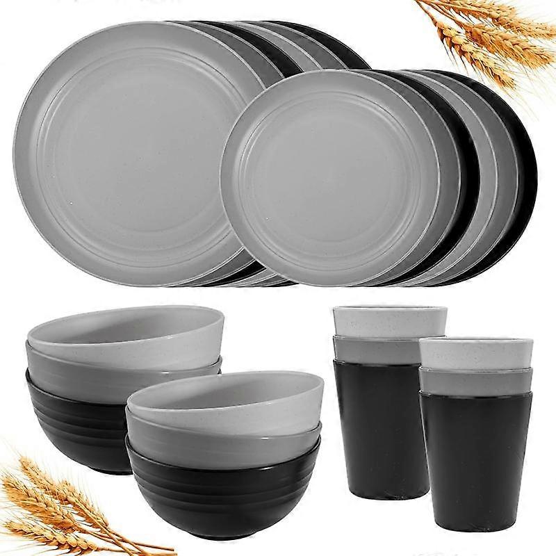 24 count Kitchen Plastic Wheat Straw Dinnerware Set,Dinnerware Sets for 6,Microwave Dishwasher Safe Plates, Unbreakable  Plastic Wheat Straw