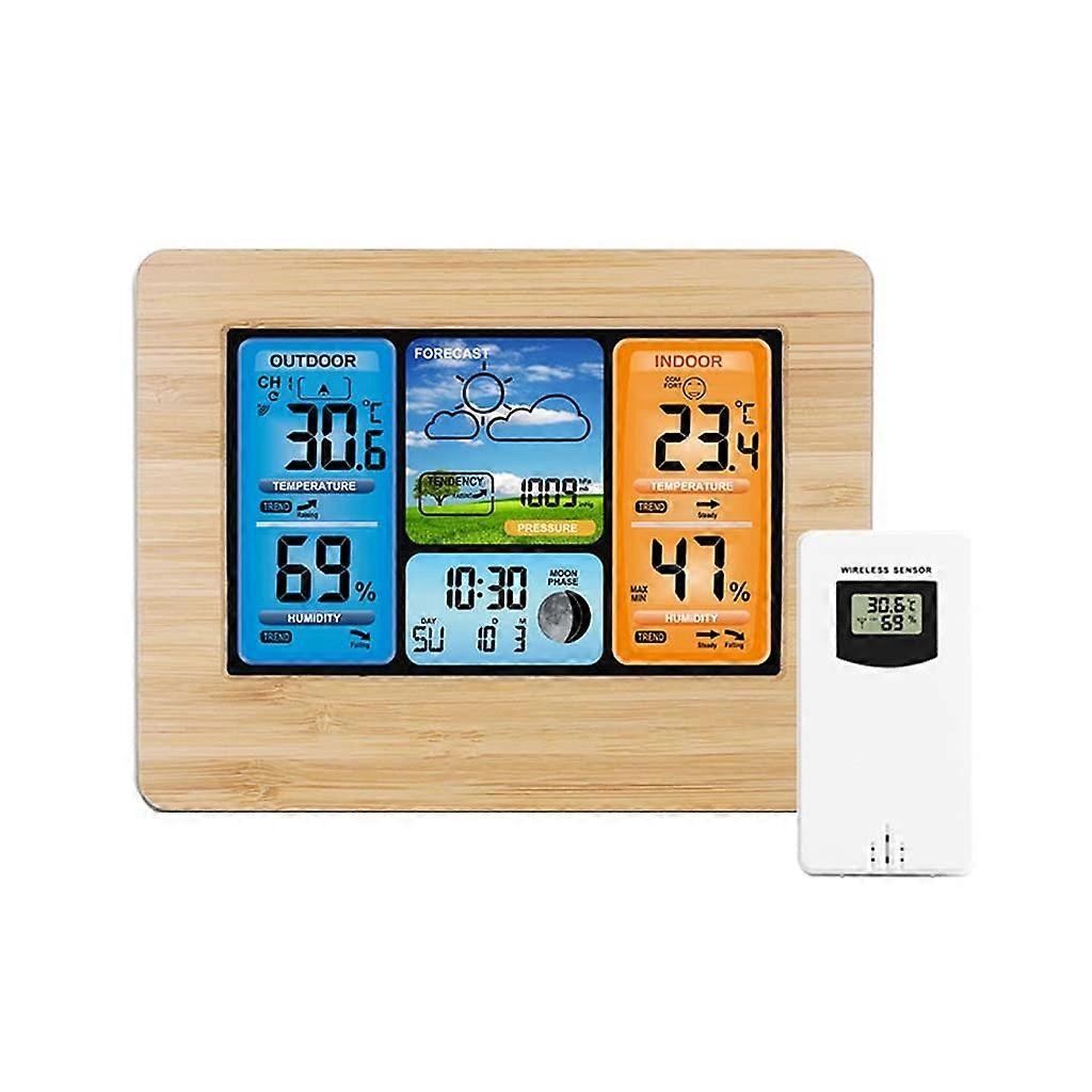 Digital Weather Station Clock with Temperature Humidity Display Barometer Calendar Snooze Bamboo