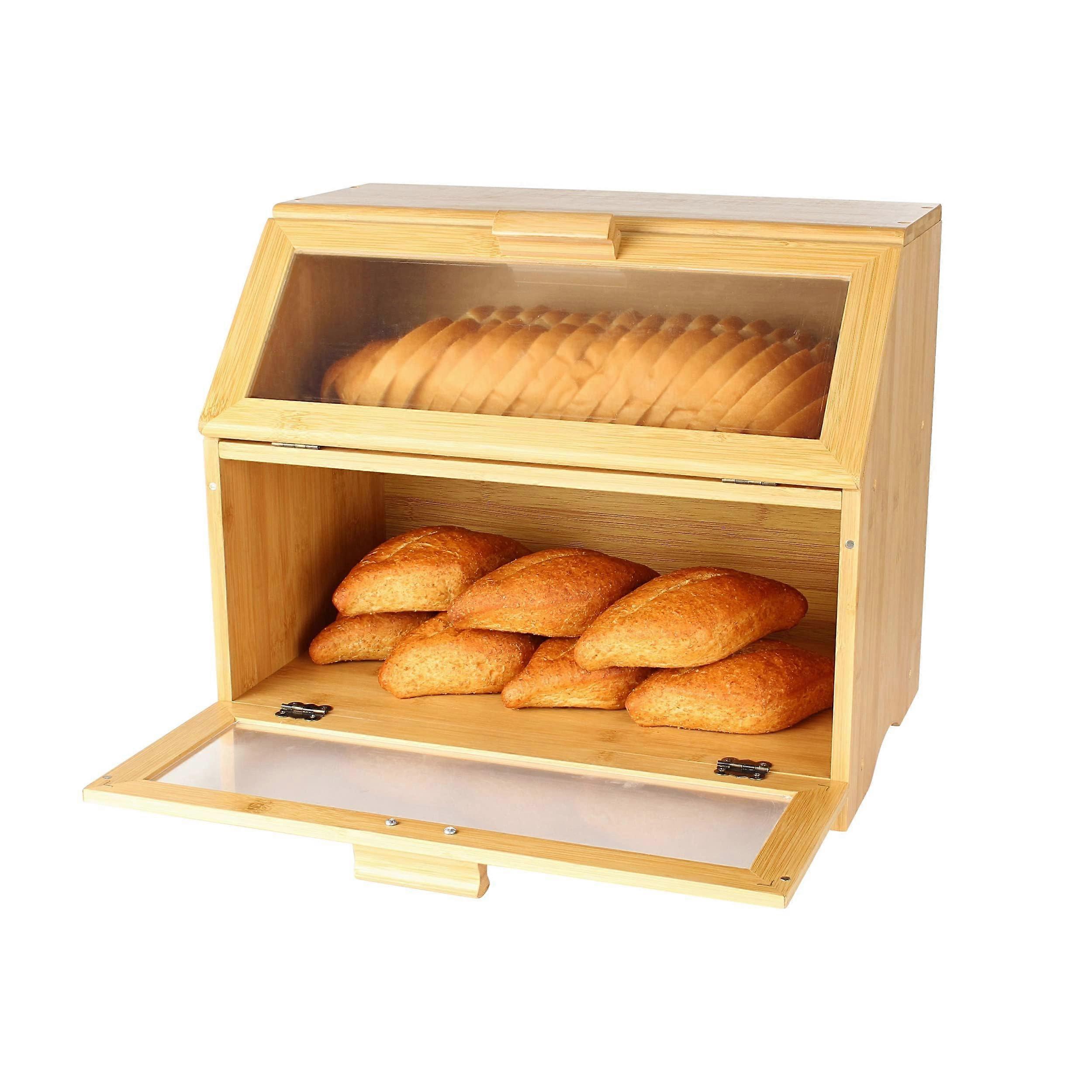 Bamboo Bread Box Double Layer Extra Large Wooden Countertop Bread Storage Bin Organizer