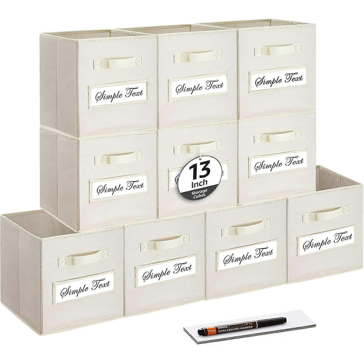 13 Inch Cube Storage Bins Set of 10 Beige Collapsible Fabric Cubes with Labels for Closet and Toys